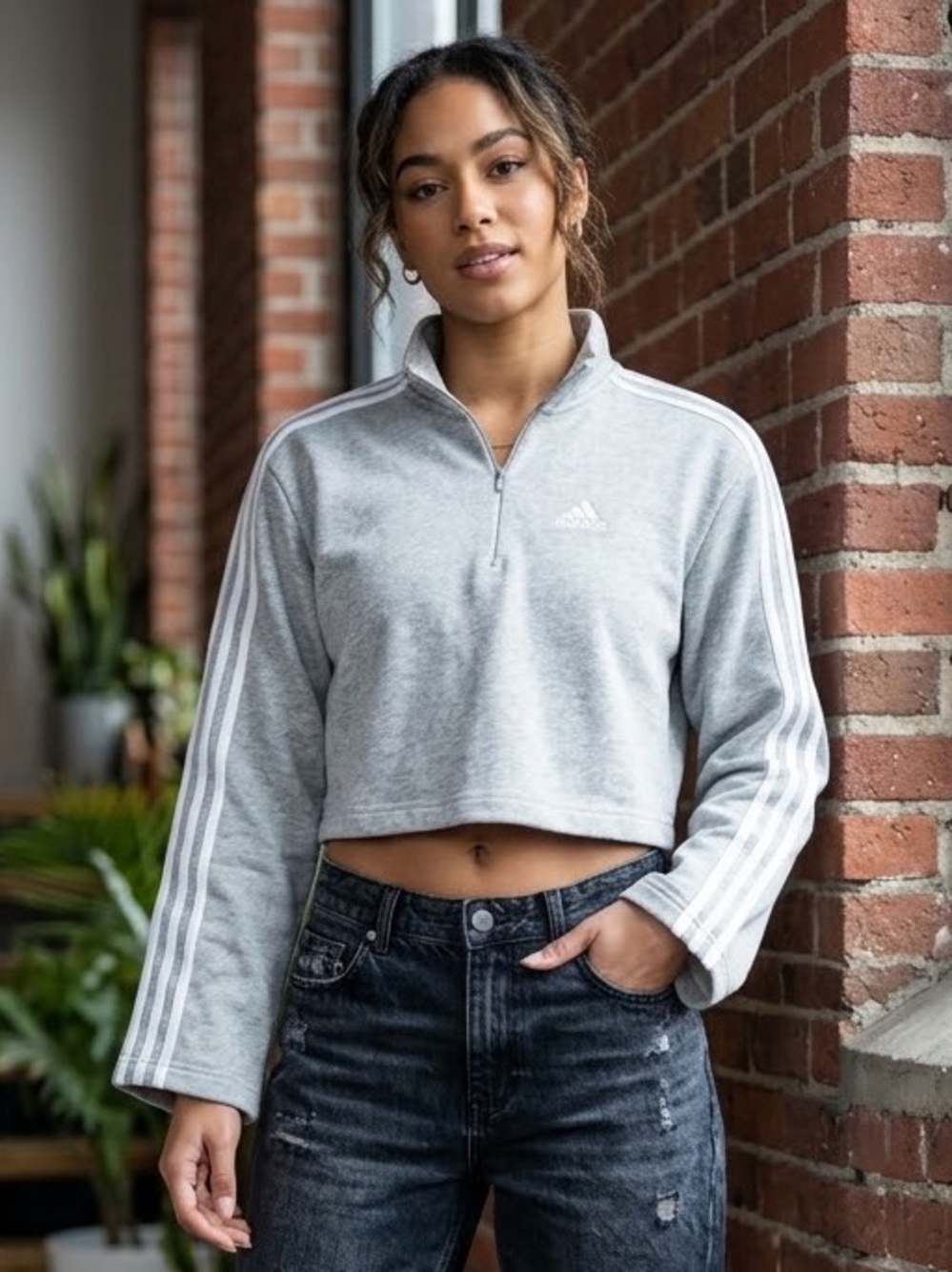adidas Gray Cropped Quarter-Zip Pullover with White Stripes, Women’s Size XS